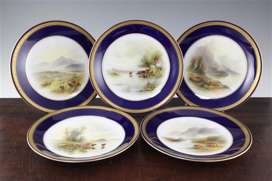 A set of five Royal Worcester Highland Cattle dessert plates, painted by H & J Stinton, 9in.